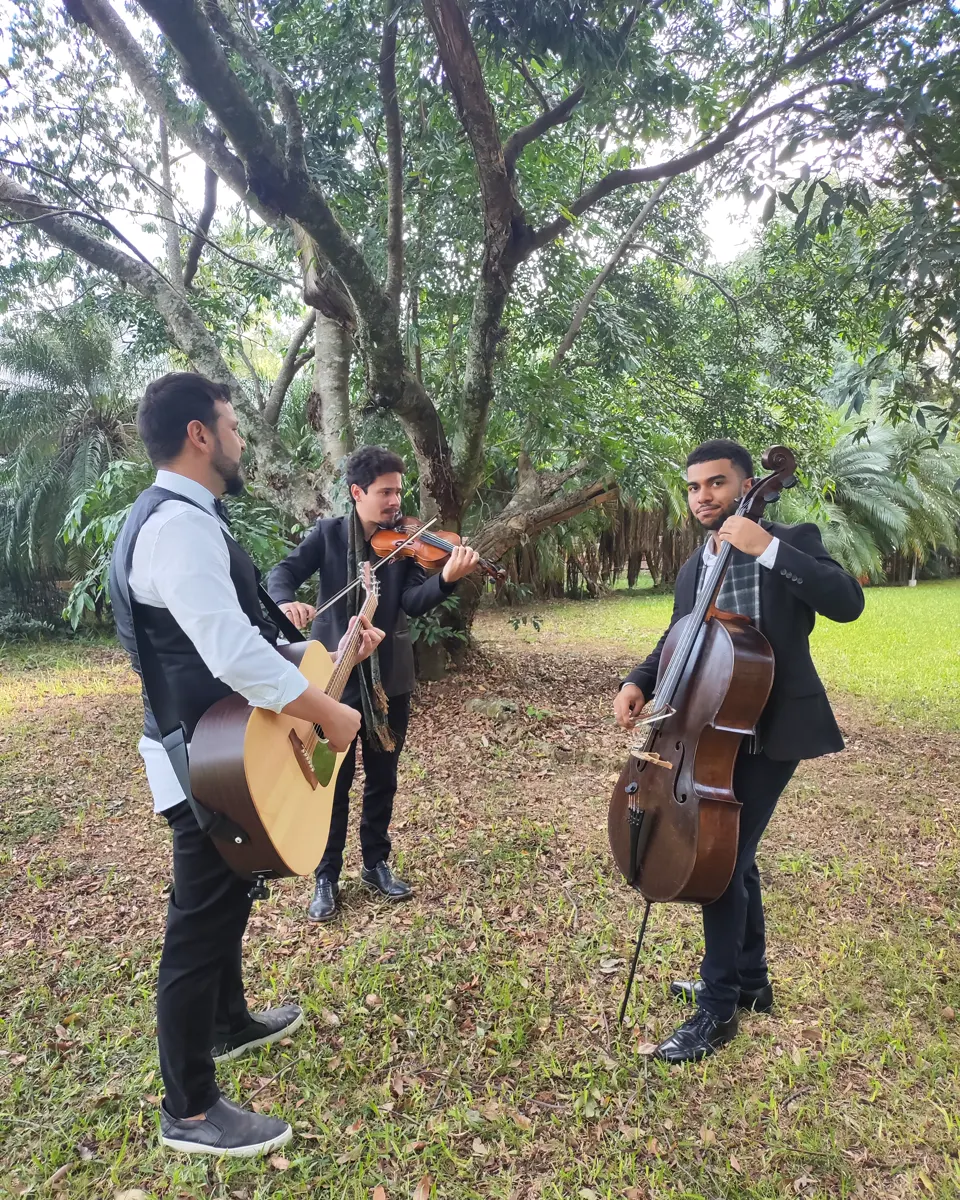 Trio de violão, violino e violoncelo tocando ao ar livre